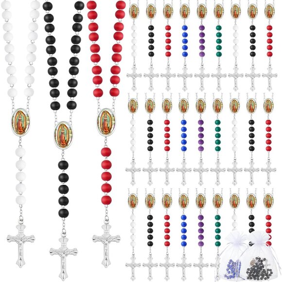 36 Pcs Wooden Bead Rosary Necklaces with Crucifix & Our Lady of Guadalupe in 6 C
